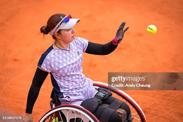 Manami Tanaka of Japan reacts during the Women’s Wheelchair Singles Quarter Final match against Aniek Van Koot of Netherlands on Day Twelve of the...