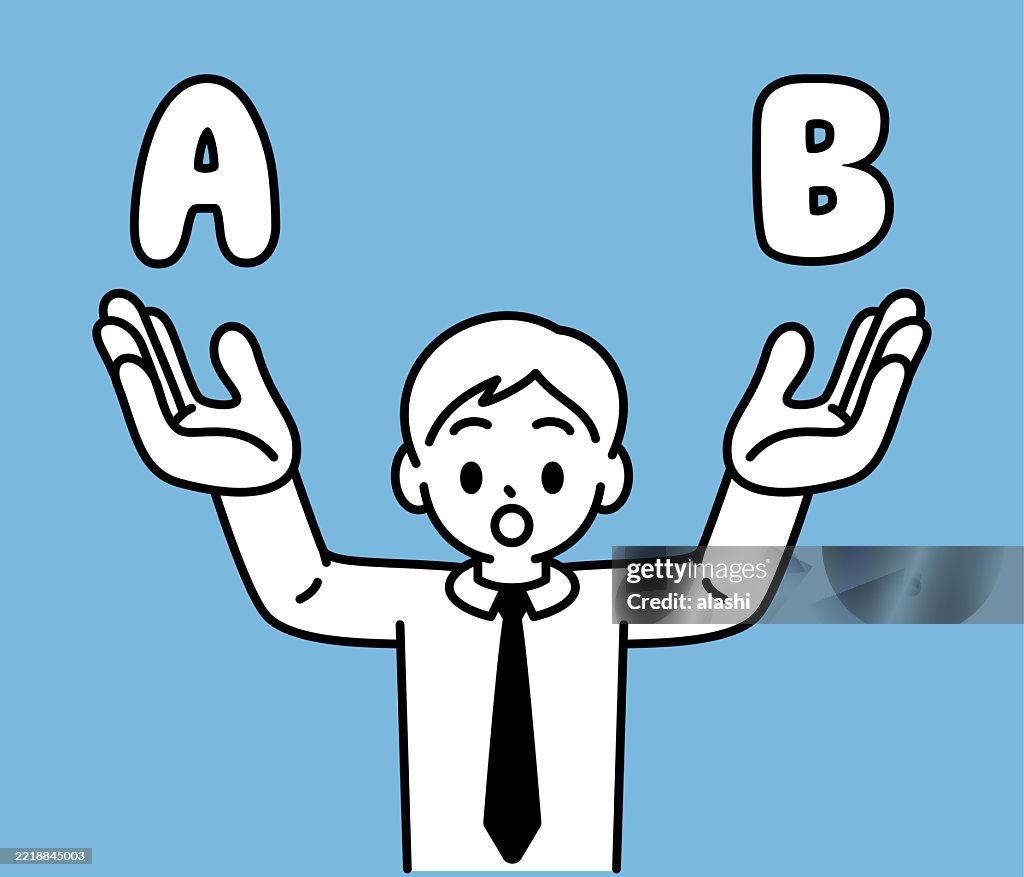 A young businessman wearing a shirt and tie, raising both hands, showing two options with A and B, talking and asking, looks at the viewer. Front view, black outline with flat colors, minimalist style