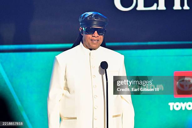 Stevie Wonder speaks onstage at the BET Awards 2025 held at the Peacock Theater on June 09, 2025 in Los Angeles, California.