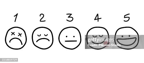 hand-drawn customer satisfaction scale with 5 doodle faces - rating scale stock illustrations