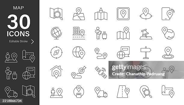 ilustrações, clipart, desenhos animados e ícones de conjunto de ícones vetoriais de linha de mapa. pixel perfeito. traço editável. ilustração stock.símbolo de ícone, direção, pino de mapa - trilha passagem de pedestres