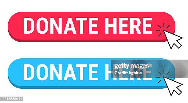 donate here - red and blue buttons with cursor on white background - donate button vector stock illustrations
