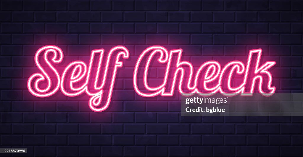 Self Check - Glowing neon text on brick wall background