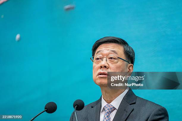 Hong Kong Chief Executive John Lee speaks at a press conference before his Executive Council meeting in Hong Kong, on June 9, 2025.