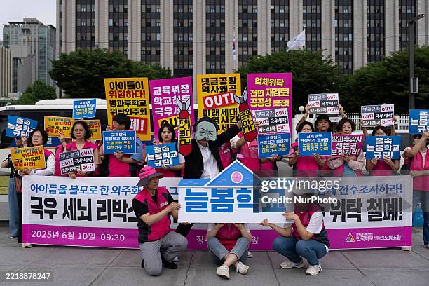 Members of the after-school instructor division of the National School Irregular Workers' Union stage a performance in front of the Seoul Government...