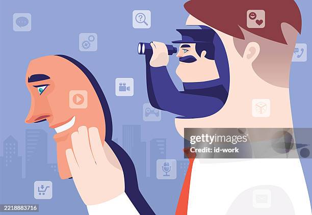 security guard in businessman costume observing with binoculars - computer security funny stock illustrations
