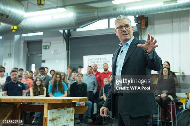 British Prime Minister Keir Starmer gestures as he talks to students at Suffolk New College on June 10, 2025 in Ipswich, England.