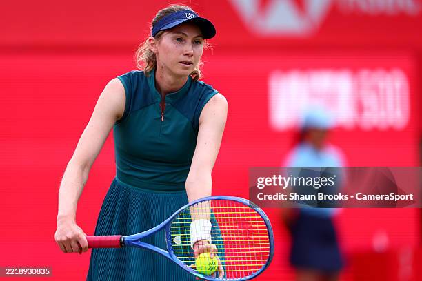 Cristina Bucsa in action during her women's singles Round 1 match against Emma Raducanu at The Queen's Club on June 10, 2025 in London, England.