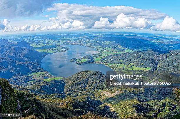 high angle view of sea against sky - attersee stock-fotos und bilder