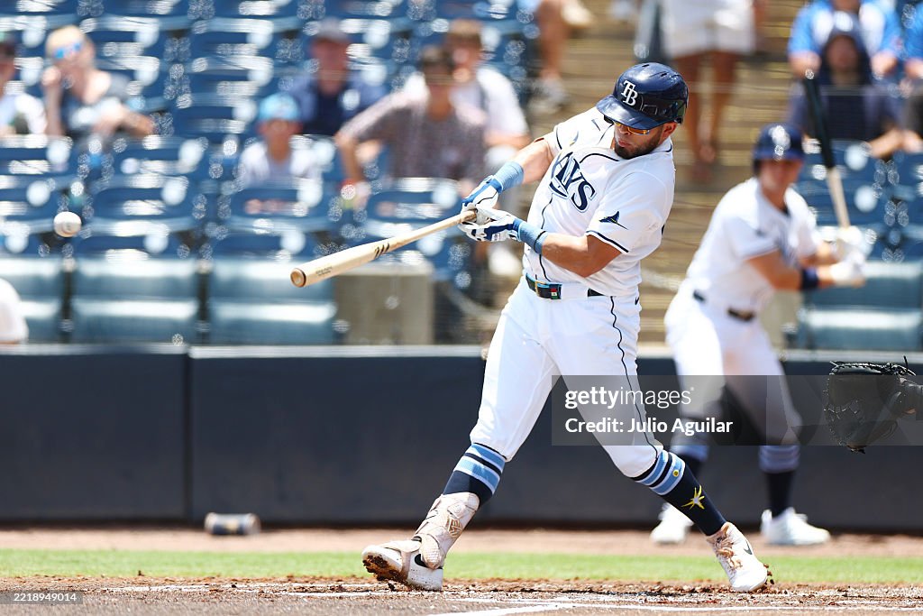 Miami Rays Jonathan Aranda of the Tampa Bay Rays hits an RBI single in the first ...