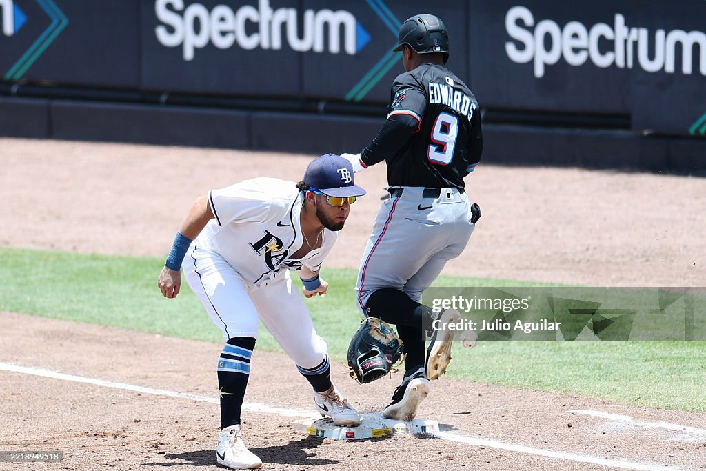 Miami Rays Xavier Edwards of the Miami Marlins is tagged out by Jonathan Aranda ...
