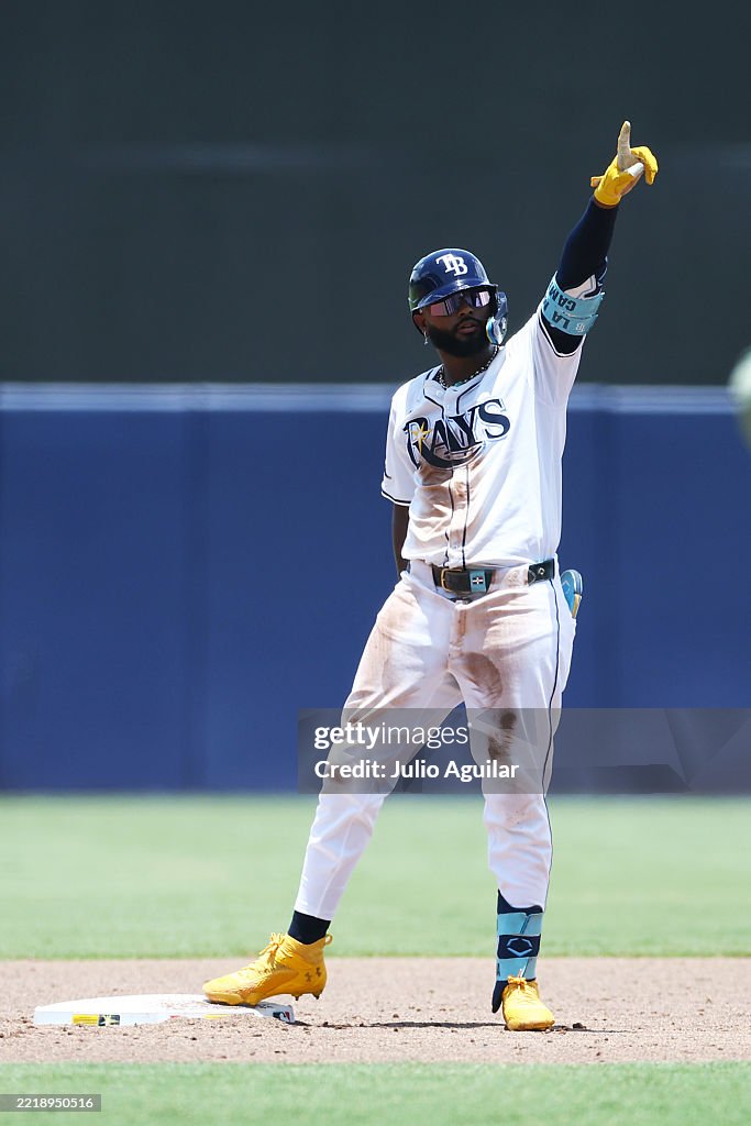 Miami Rays Junior Caminero of the Tampa Bay Rays reacts after hitting a double ...