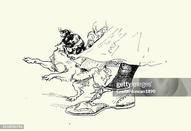 small pekingese lap dog pulling on its owners skirt, 19th century, victorian, vintage illustration, 1890s - dog bite stock illustrations