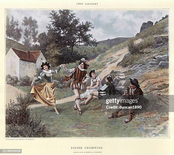piper playing bagpipes, young couple dancing the pavane, a slow, stately dance, popular in 16th-century, vintage illustration - bagpipes stock illustrations