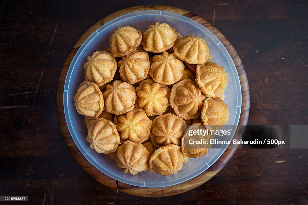 Kuih Bahulu,Baulu or bolu in a container Sponge cake baked in special aluminium moulds is the Asian tradition food in popular Malaysia and Indonesia