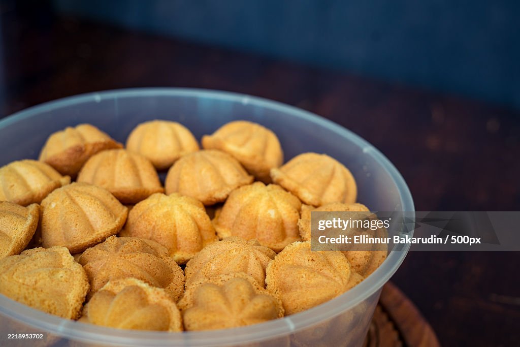 Kuih Bahulu,Baulu or bolu in a container Sponge cake baked in special aluminium moulds is the Asian tradition food in popular Malaysia and Indonesia