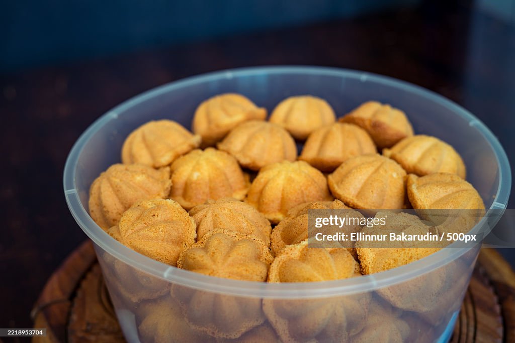 Kuih Bahulu,Baulu or bolu in a container Sponge cake baked in special aluminium moulds is the Asian tradition food in popular Malaysia and Indonesia