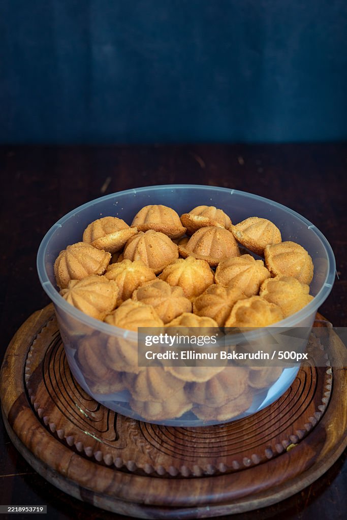 Kuih Bahulu,Baulu or bolu in a container Sponge cake baked in special aluminium moulds is the Asian tradition food in popular Malaysia and Indonesia