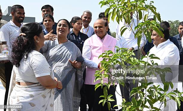 Delhi Lieutenant Governor Vinai Kumar Saxena along with Delhi Chief Minister Rekha Gupta plant a tree during inauguration of Redeveloped Sadbhavana...