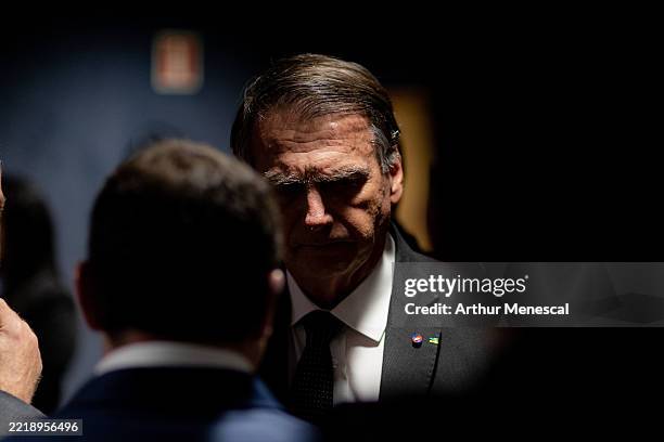 Former President of Brazil Jair Bolsonaro looks on during a break from interrogation at the Federal Supreme Court building on June 10, 2025 in...