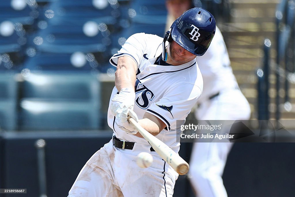 Miami Rays Matt Thaiss of the Tampa Bay Rays hits an RBI single in the seventh ...