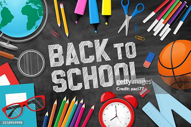 back to school with black chalkboard background and school items. vector illustration - back to school stock illustrations
