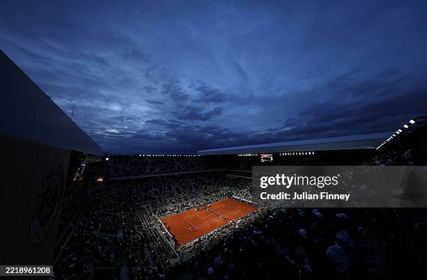 General view of Court Philippe-Chatrier as Novak Djokovic of Serbia plays a forehand against Jannik Sinner of Italy during the Men's Singles Semi...