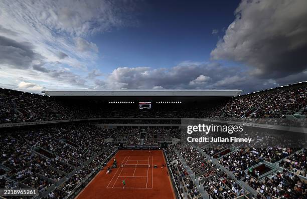 General view of Court Philippe-Chatrier as Jannik Sinner of Italy serves to Novak Djokovic of Serbia during the Men's Singles Semi Final match on Day...