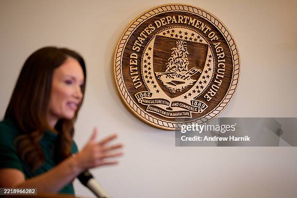 Agriculture Secretary Brooke Rollins speaks after signing three new SNAP food choice waivers for the states of Idaho, Utah, and Arkansas in her...