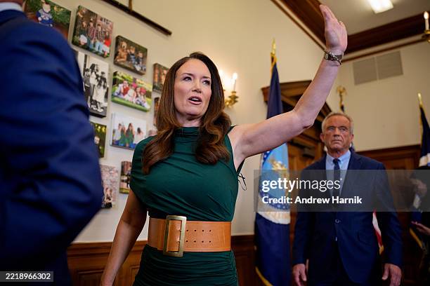 Agriculture Secretary Brooke Rollins and Health and Human Services Secretary Robert F. Kennedy Jr. , depart after Rollins signs three new SNAP food...