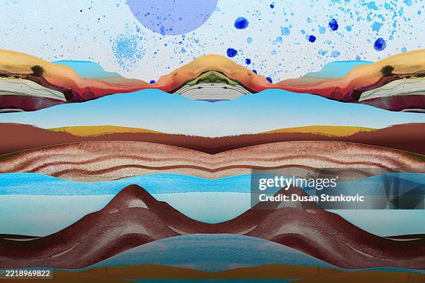 cosmic landscape with water and earth - wall art stock illustrations