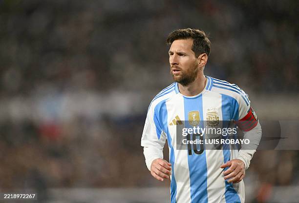 Argentina's forward Lionel Messi looks on during the 2026 FIFA World Cup South American qualifiers football match between Argentina and Colombia at...