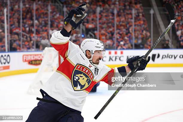 Brad Marchand of the Florida Panthers celebrates after scoring on the Edmonton Oilers during the second period in Game Two of the 2025 Stanley Cup...