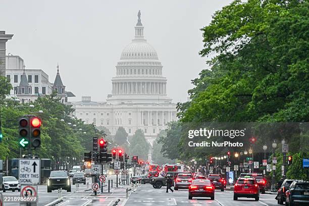 Dusk view down Pennsylvania Avenue toward the U.S. Capitol in Washington, D.C., United States, on May 28, 2025.