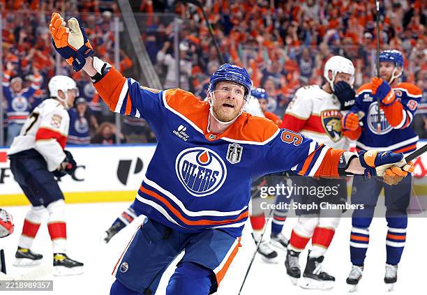 Corey Perry of the Edmonton Oilers reacts after scoring during the third period against the Florida Panthers in Game Two of the 2025 Stanley Cup...