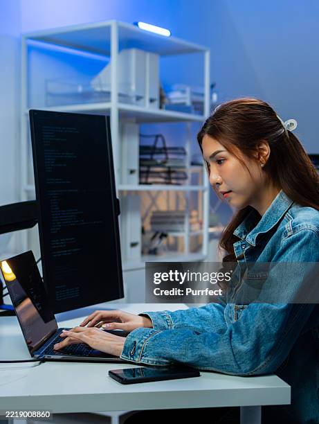 adult asian female freelance software developer working on coding project analyzing source code algorithm on screen. - html code stock pictures, royalty-free photos & images