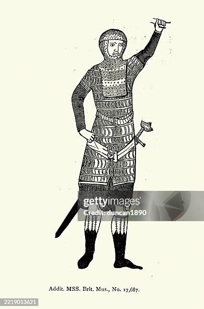 illustrazioni stock, clip art, cartoni animati e icone di tendenza di storia militare, cavaliere che indossa un'armatura di maglia, armato di spada, 13 ° secolo circa, illustrazione d'epoca - accessori di abbigliamento storico
