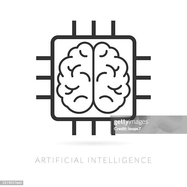 ai chip icon with human brain on white background - neuroimaging stock illustrations