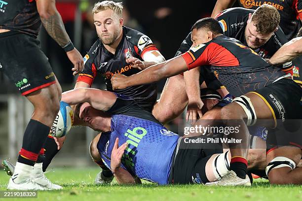 Josh Beehre of the Blues scores a try late in the game during the Super Rugby Pacific Qualifying Final match between Chiefs and Blues at FMG Stadium...
