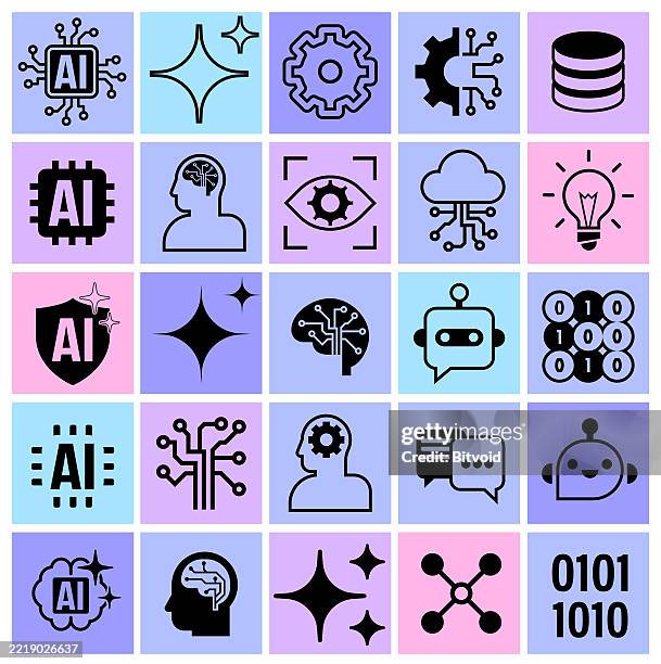 ki-icon-set – künstliche intelligenz symbole, maschinelles lernen, neuronales netzwerk, chatbot, big data, cybersicherheit, cloud computing, binärcode, tech-interface icons vektor vektor grafik bau stil grafik - maschinelles lernen stock-grafiken, -clipart, -cartoons und -symbole