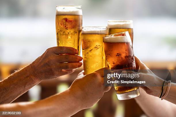 group of friends toasting with beer on the terrace during hot summer days. close-up of a group of people clinking glasses with beer. - bebida alcoólica imagens e fotografias de stock