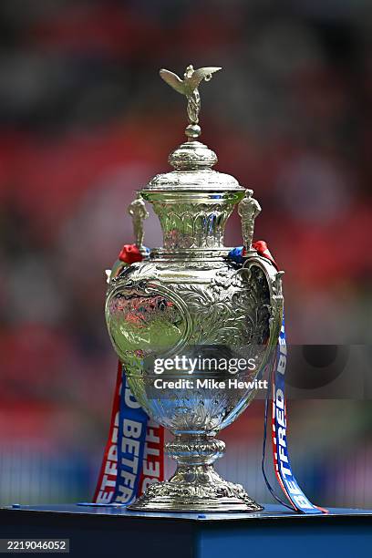 Detailed view of the Betfred Challenge Cup trophy, seen displayed on a plinth prior to the Betfred Challenge Cup Final match between Warrington...