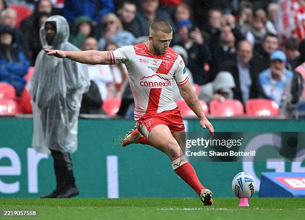 Mikey Lewis of Hull Kingston Rovers kicks a conversion during the Betfred Challenge Cup Final match between Warrington Wolves and Hull KR at Wembley...