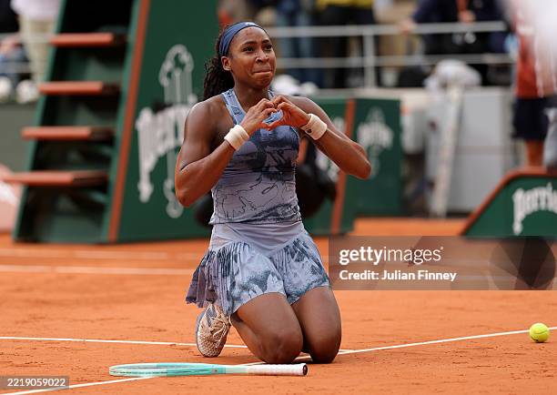 Coco Gauff of United States celebrates winning championship point against Aryna Sabalenka during the Women’s Singles Final match on Day Fourteen of...