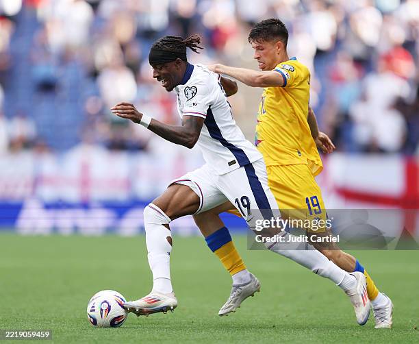 Noni Madueke of England is challenged by Joel Guillen of Andorra during the FIFA World Cup 2026 European Qualifier match between Andorra and England...