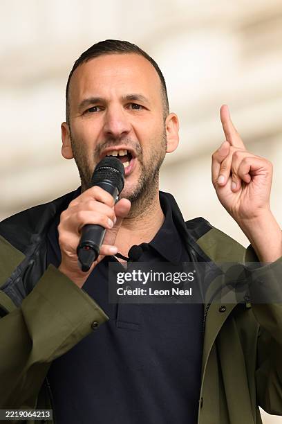 Deputy Leader of the Green Party Zack Polanski speaks during a protest over benefits cuts organised by People's Assembly on June 7, 2025 in London,...