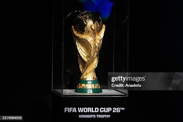 View of the trophy as the road to the 2026 FIFA World Cup officially began with the unveiling of the countdown clock in Mexico City, Mexico on June...
