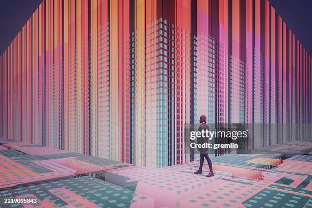 young woman standing in vr environment - estrutura criada por humanos imagens e fotografias de stock