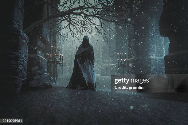 mysterious wizard in abandoned temple - fantasy characters stock pictures, royalty-free photos & images