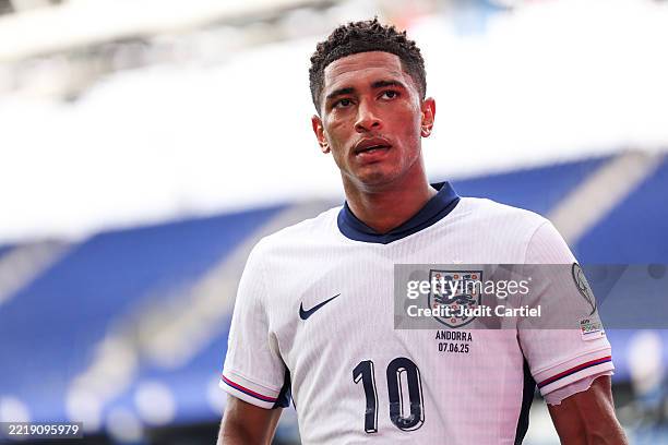 Jude Bellingham of England looks on during the FIFA World Cup 2026 European Qualifier between Andorra and England at RCDE Stadium on June 07, 2025 in...